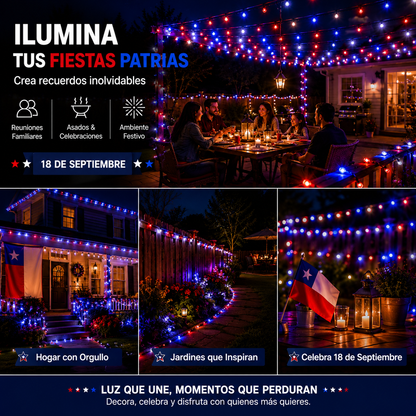 Pack 2 Guirnaldas Luces Solares LED 20M 200 LEDs IP65 Rojas Blancas y Azules para Fiestas Patrias Chile Jardín Terraza Exterior