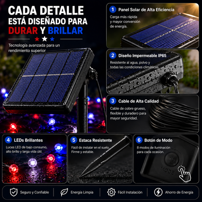 Pack 2 Guirnaldas Luces Solares LED 20M 200 LEDs IP65 Rojas Blancas y Azules para Fiestas Patrias Chile Jardín Terraza Exterior