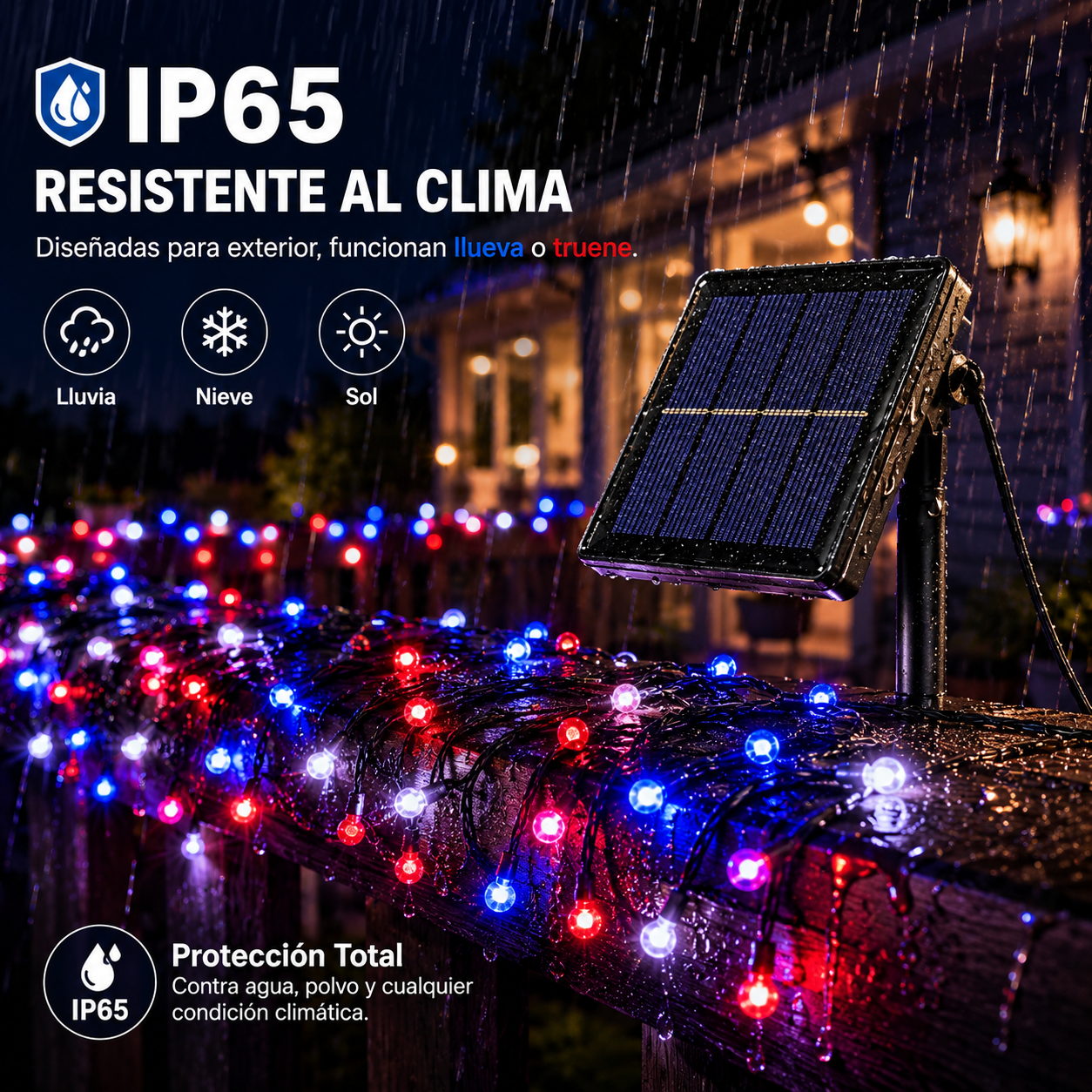 Pack 2 Guirnaldas Luces Solares LED 20M 200 LEDs IP65 Rojas Blancas y Azules para Fiestas Patrias Chile Jardín Terraza Exterior