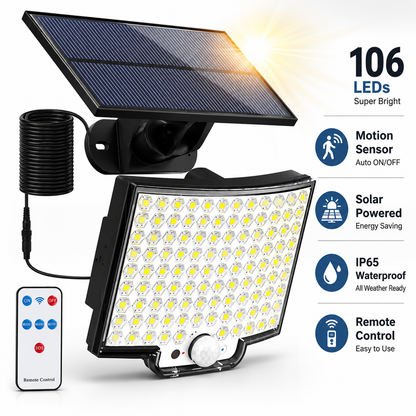 Foco Solar Exterior LED con Sensor de Movimiento y Control Remoto, Luz Solar Impermeable para Jardín y Garaje