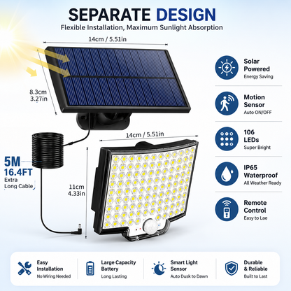 Foco Solar Exterior LED con Sensor de Movimiento y Control Remoto, Luz Solar Impermeable para Jardín y Garaje
