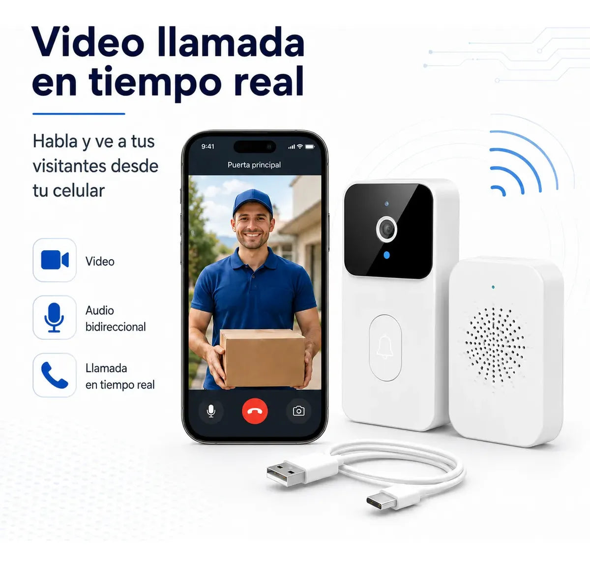 Timbre Inteligente WiFi Tuya con Cámara, Audio Bidireccional y Visión Nocturna para Casa, Departamento y Oficina