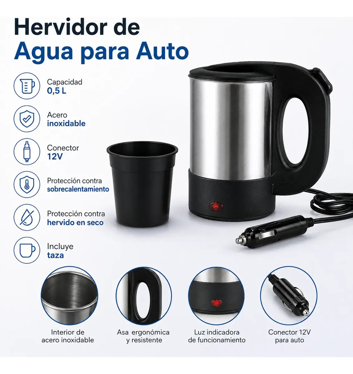 Hervidor Eléctrico Portátil 12 V para Auto 500 ml con 2 Tazas