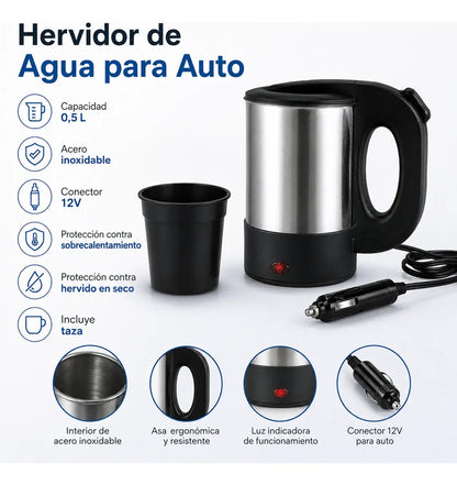 Hervidor Eléctrico Portátil 12 V para Auto 500 ml con 2 Tazas
