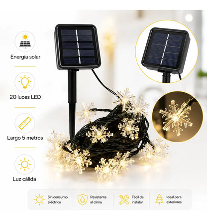 Guirnalda Solar Copos de Nieve 5 m con 20 LED Cálidos para Navidad