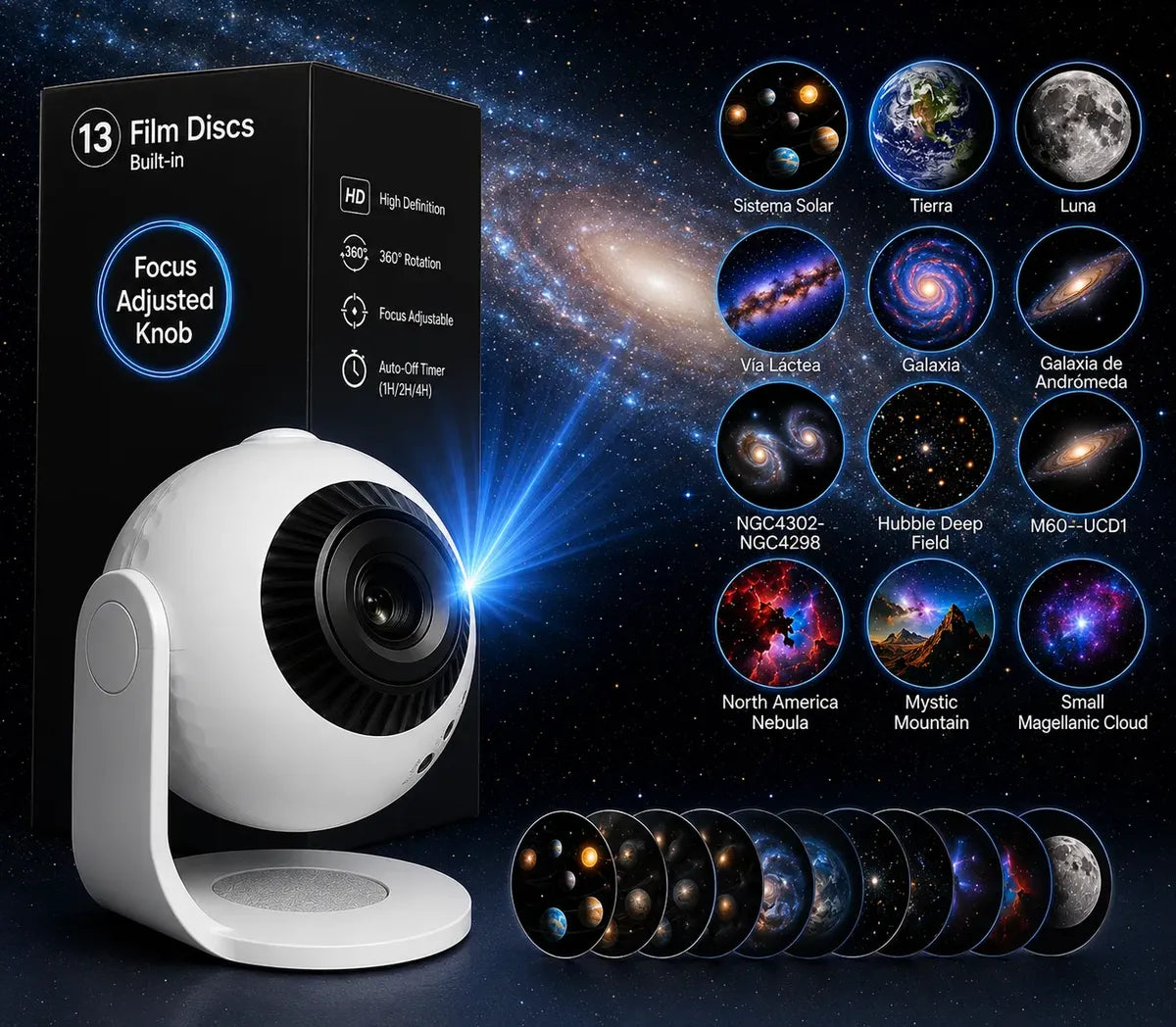 Proyector Galaxia Estrellas Led Hd 12 Discos Rotación 360°