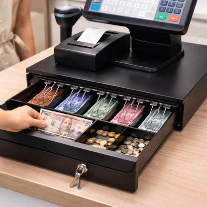 Caja de dinero metálica con llave utilizada junto a caja registradora en negocio