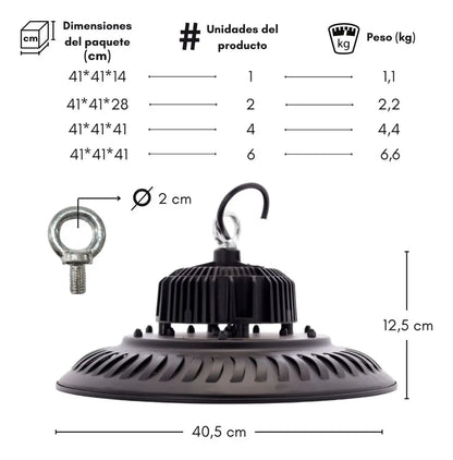 Medidas y peso de campana LED UFO 200W con anilla de suspensión