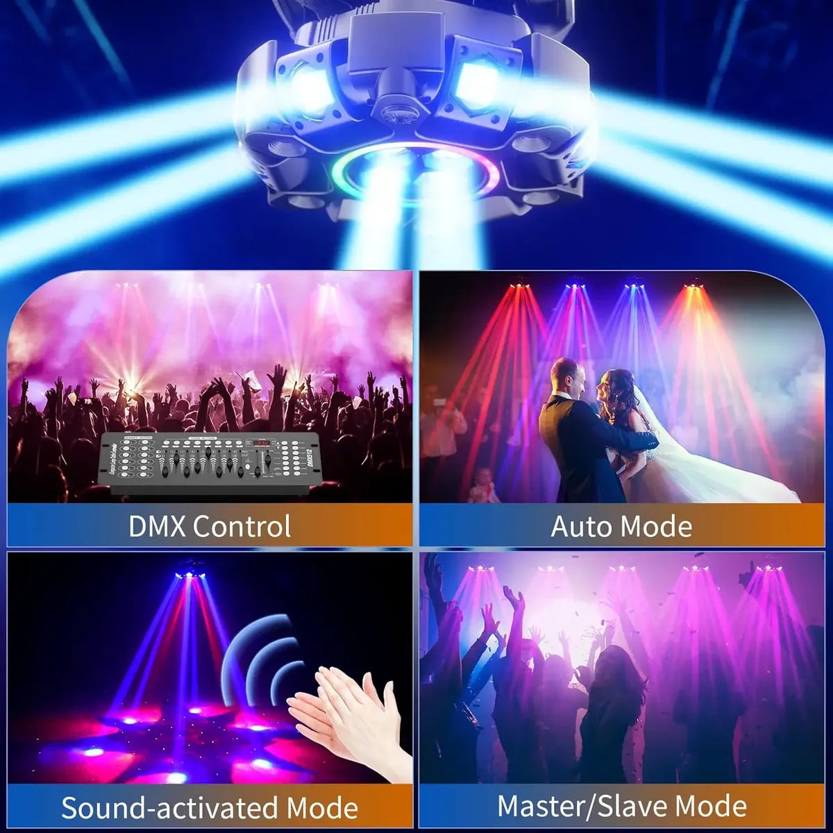 Modos DMX, automático, sonido y maestro esclavo para eventos
