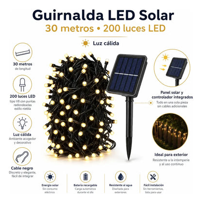 Guirnalda Solar LED 30 m con 200 Luces Cálidas Exterior
