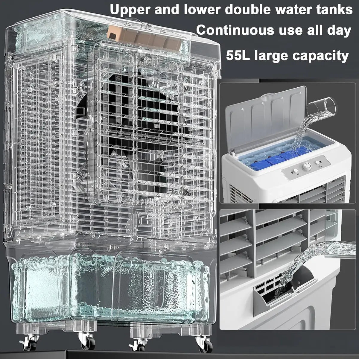 Estructura interna y depósito de agua del enfriador evaporativo industrial con ruedas