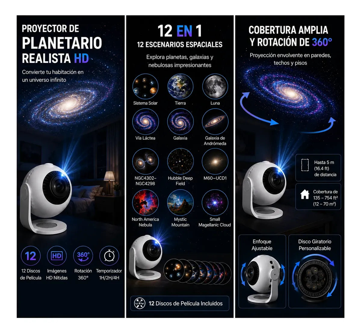 Proyector Galaxia Estrellas Led Hd 12 Discos Rotación 360°