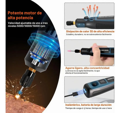 Mini Torno Inalámbrico Recargable con Accesorios y 3 Velocidades para Lijar, Pulir, Cortar y Grabar