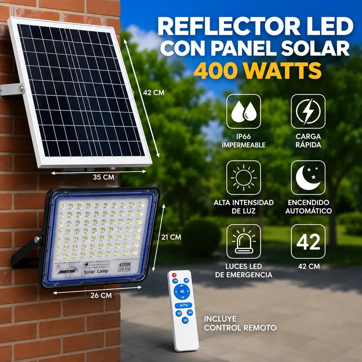 Medidas de reflector solar LED 400W IP66 con panel de 42 x 35 cm