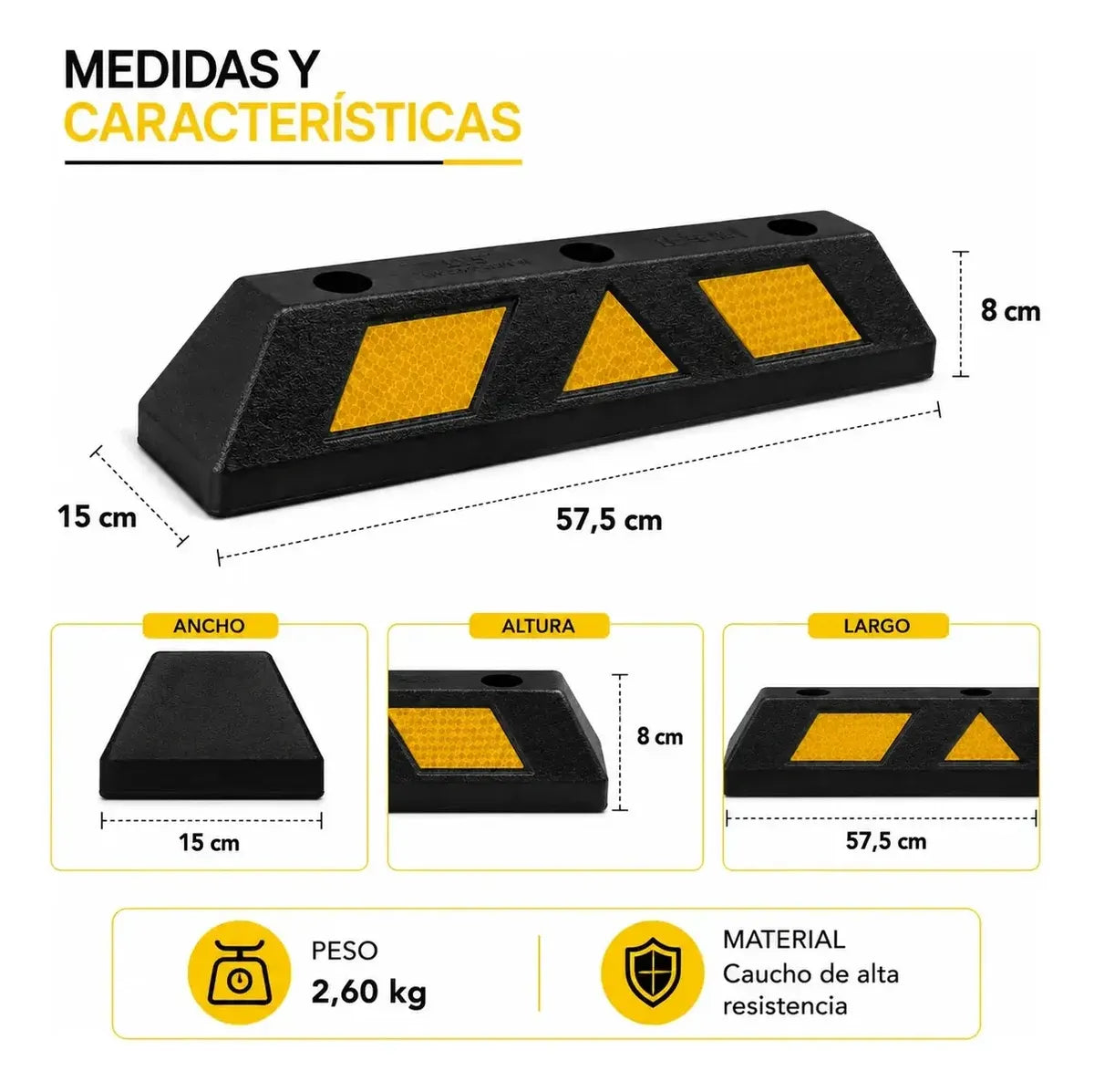 Tope de Estacionamiento Reflectivo Negro 55 x 15 x 10 cm para Auto y Garaje