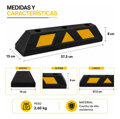 Tope de Estacionamiento Reflectivo Negro 55 x 15 x 10 cm para Auto y Garaje