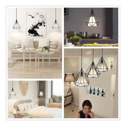 Lámpara colgante geométrica negra en living, cocina, dormitorio y comedor