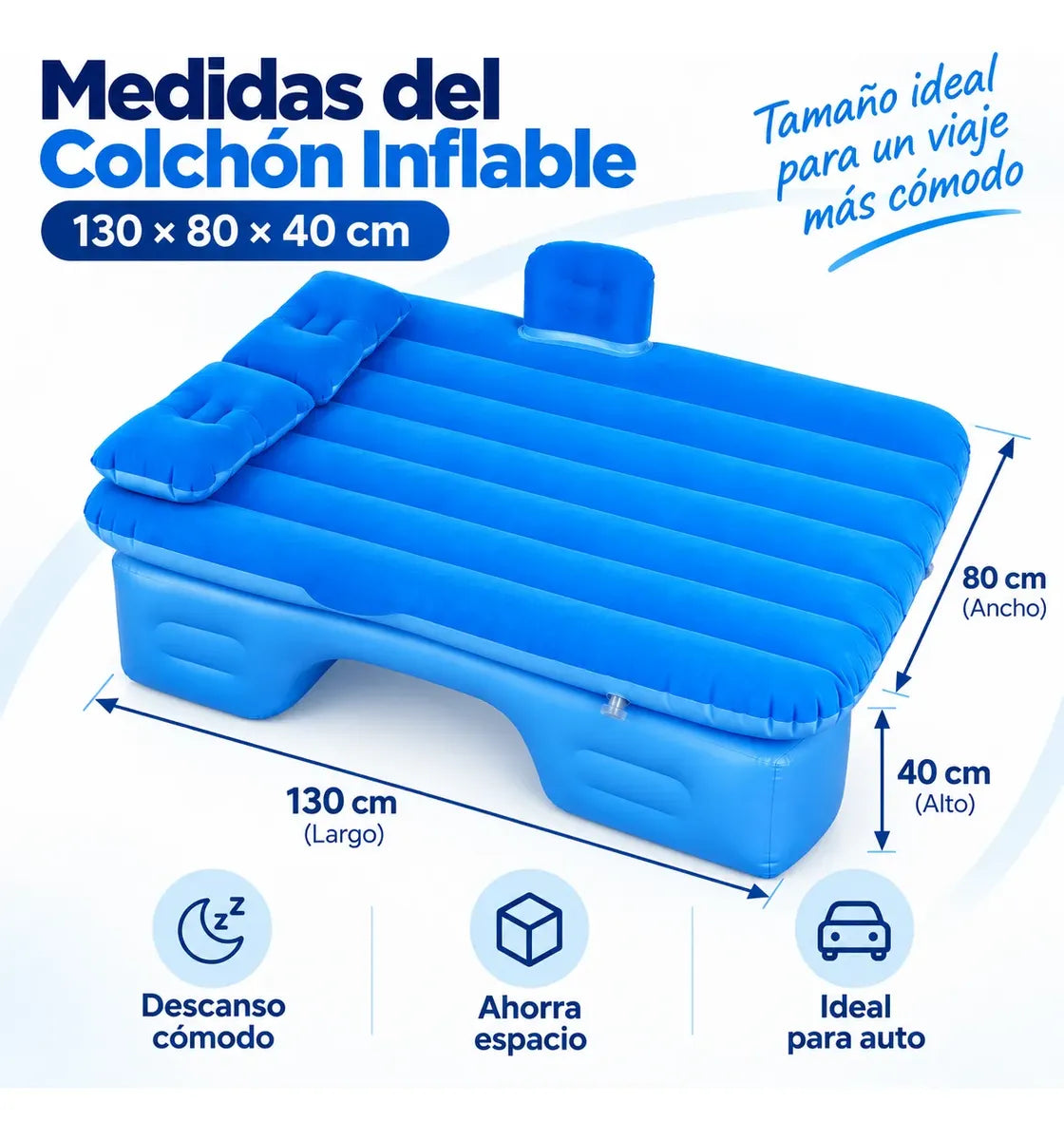 Cama Inflable para Auto 130 x 80 x 40 cm con Bomba Eléctrica para Viajes y Camping