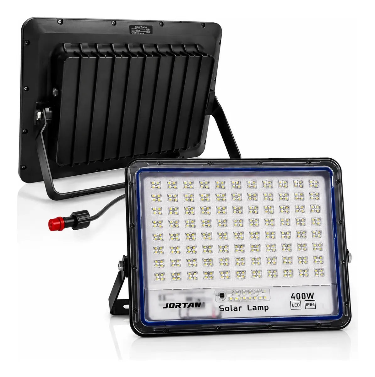 Detalle trasero y frontal de foco solar LED 400W Jortan con soporte de montaje