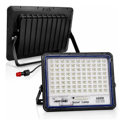 Detalle trasero y frontal de foco solar LED 400W Jortan con soporte de montaje