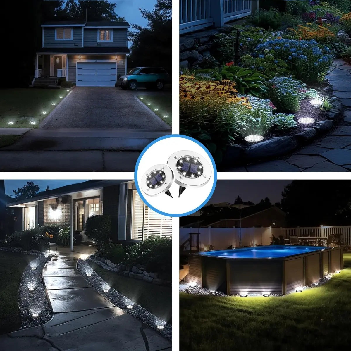 Pack de 4 Focos Solares para Jardín con 8 LED, Tipo Empotrado, Luz Blanca