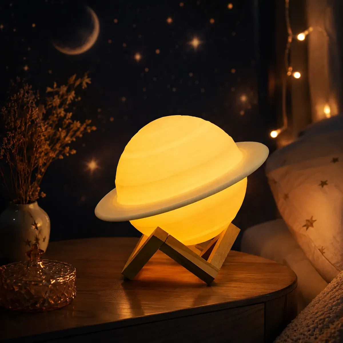 Lámpara LED de Saturno con luz cálida sobre velador para dormitorio