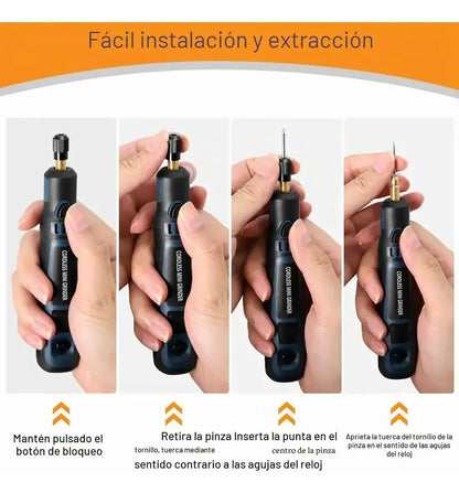Mini Torno Inalámbrico Recargable con Accesorios y 3 Velocidades para Lijar, Pulir, Cortar y Grabar