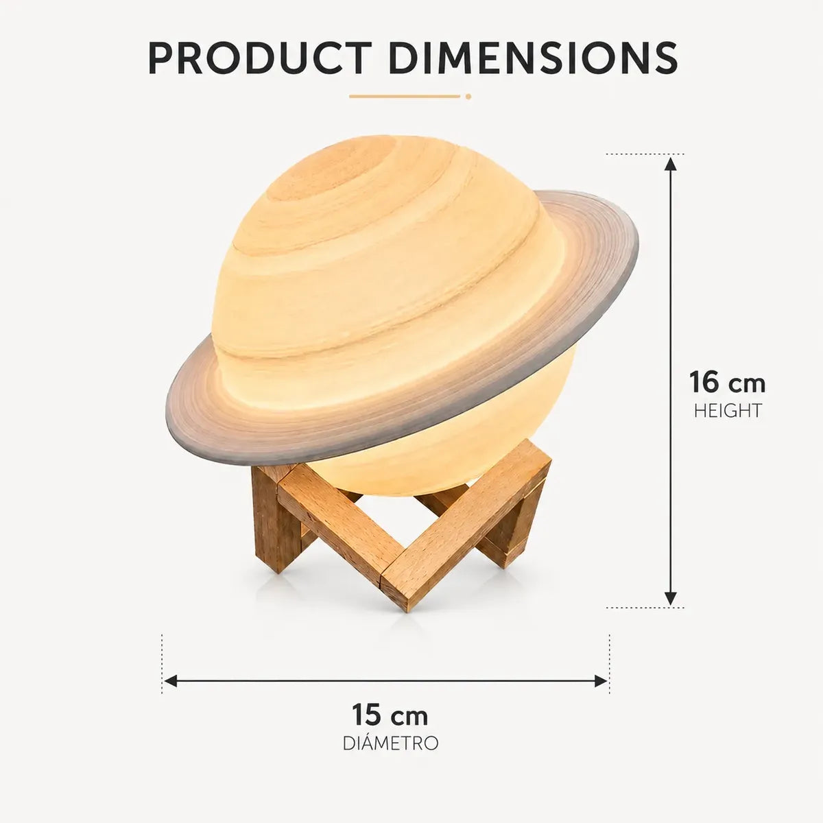 Medidas ilustradas de lámpara LED de Saturno de 16 cm de alto y 15 cm de diámetro