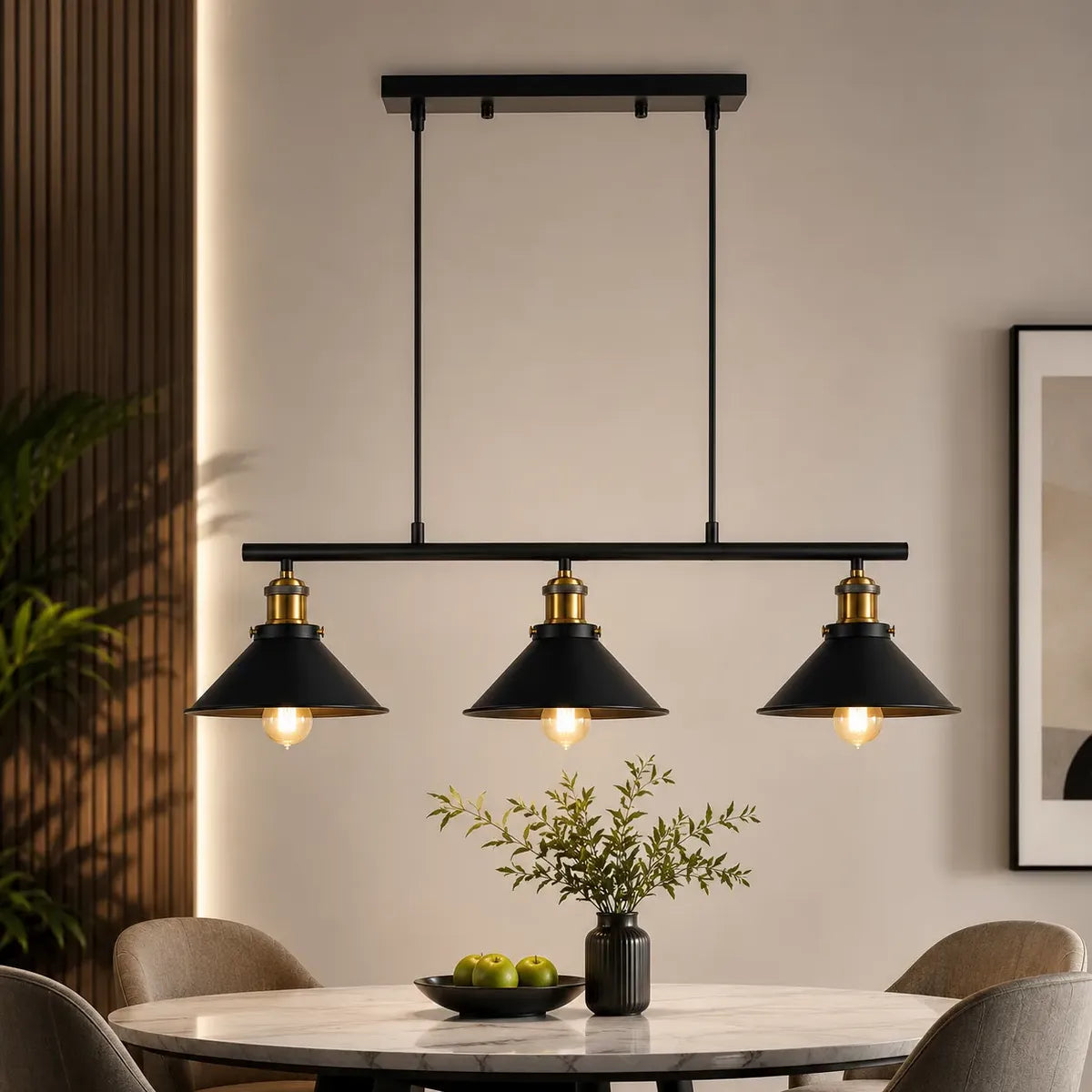 Lámpara colgante industrial 3 luces negra para comedor moderno