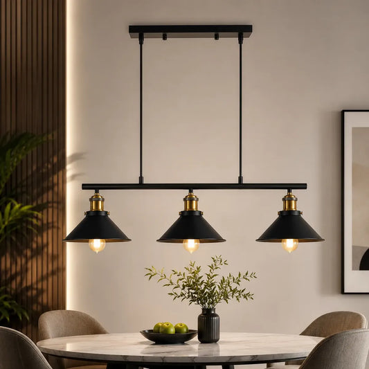 Lámpara colgante industrial 3 luces negra para comedor moderno