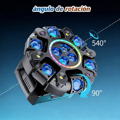 Rotación de 540 grados y giro de 90 grados de la cabeza móvil