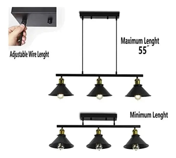 Lámpara de techo colgante negra con 3 focos para cocina y living