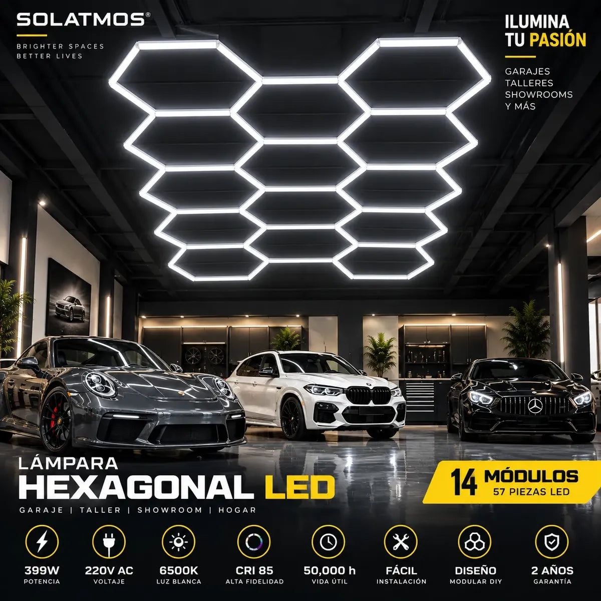 Lámpara hexagonal LED de 14 módulos para garage, taller y showroom