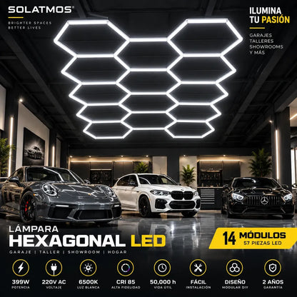 Lámpara hexagonal LED de 14 módulos para garage, taller y showroom