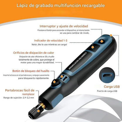 Mini Torno Inalámbrico Recargable con Accesorios y 3 Velocidades para Lijar, Pulir, Cortar y Grabar