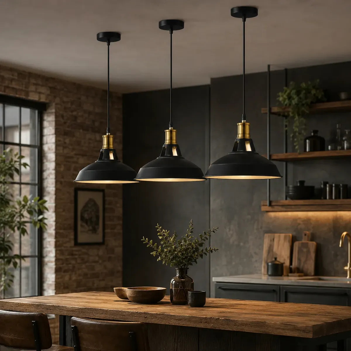 Tres lámparas colgantes negras estilo industrial sobre mesa de comedor