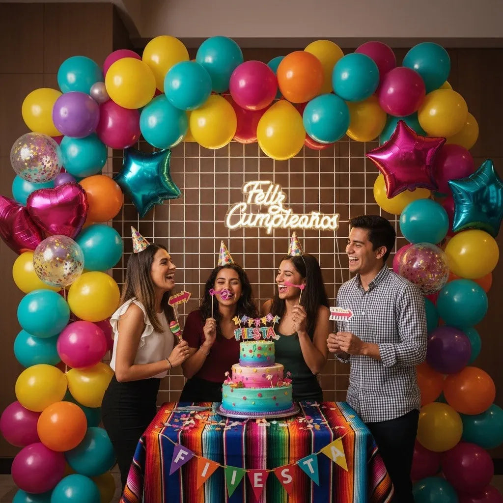 Letrero Feliz Cumpleaños con luz cálida en celebración familiar con globos