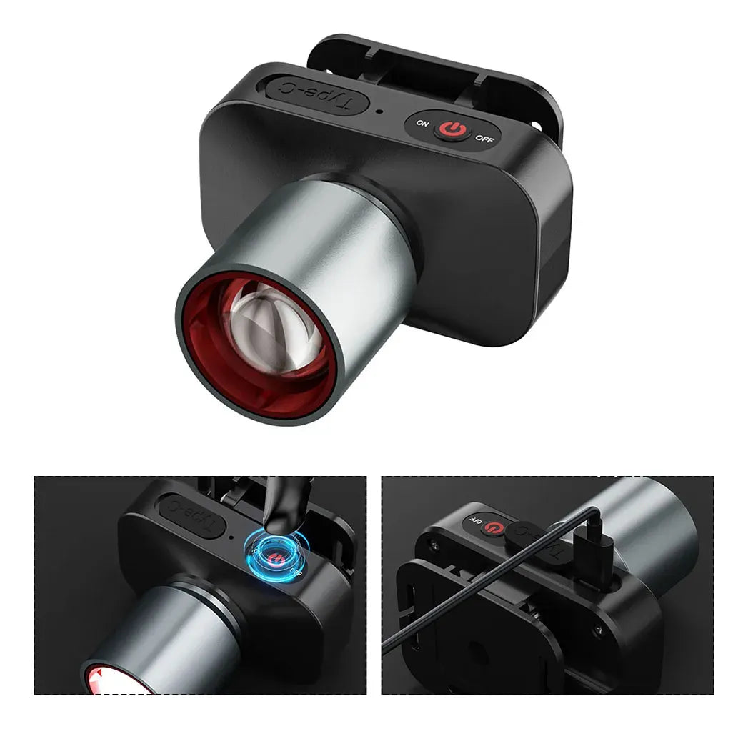Linterna frontal LED recargable USB-C con zoom ajustable para camping y trabajo