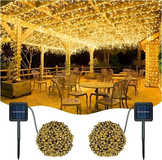 Pack X2 Luces Guirnaldas Solares Navidad 100 Led 10 Metros Luces Amarillo