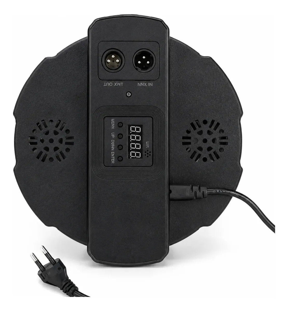 Parte trasera del foco PAR con pantalla y conexiones DMX512