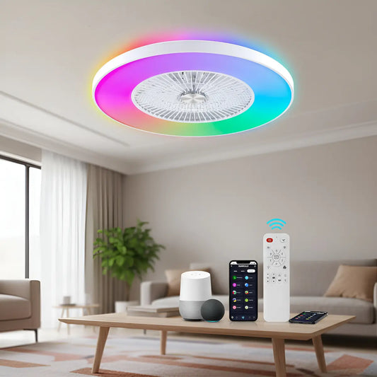 Ventilador de techo RGB de 24 pulgadas con luz, app Tuya y control remoto en living