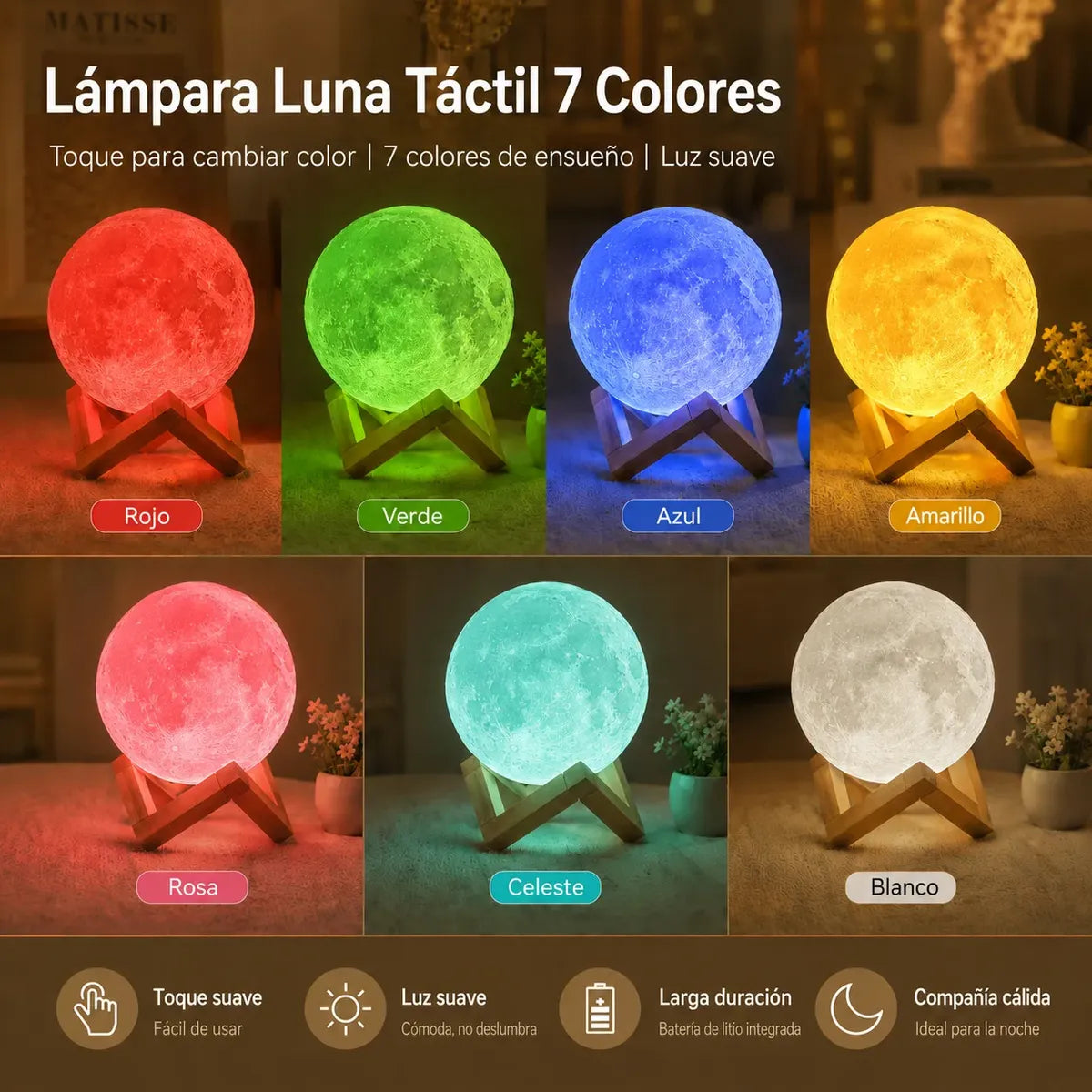 Lámpara lunar táctil LED con siete colores de luz y base de madera