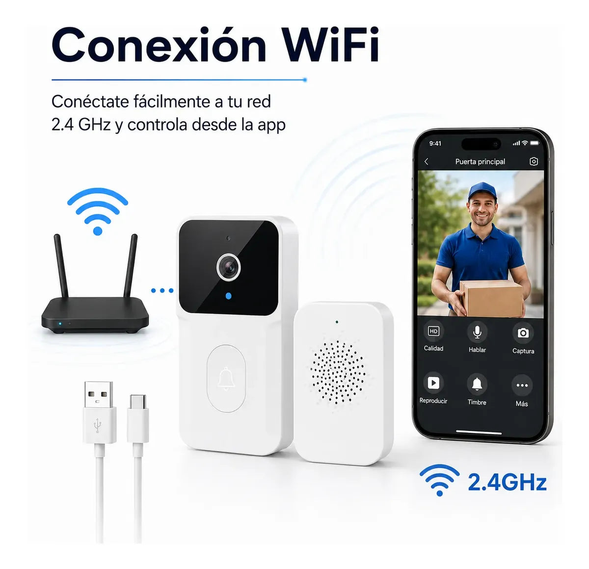 Timbre Inteligente WiFi Tuya con Cámara, Audio Bidireccional y Visión Nocturna para Casa, Departamento y Oficina