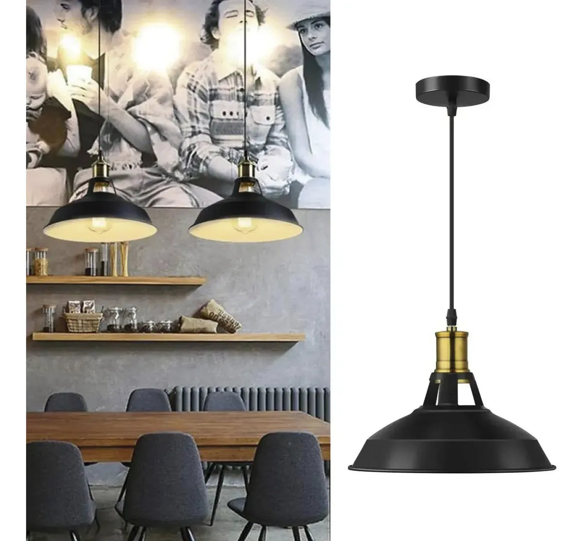 Lámpara colgante vintage negra con detalle bronce para comedor y cocina