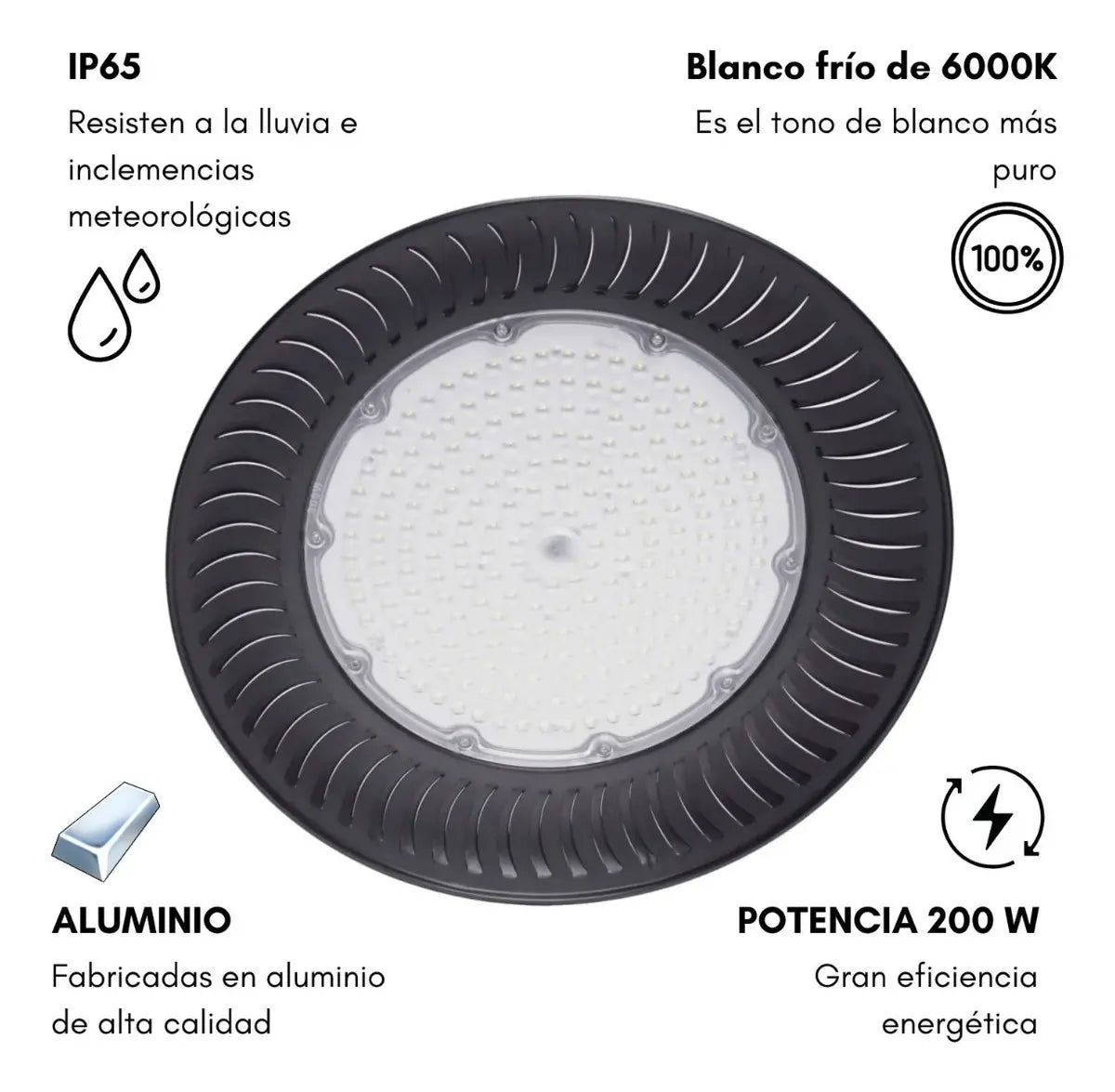 Vista frontal de campana LED UFO 200W IP65 con luz fría 6000K