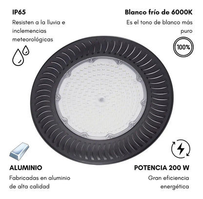 Vista frontal de campana LED UFO 200W IP65 con luz fría 6000K