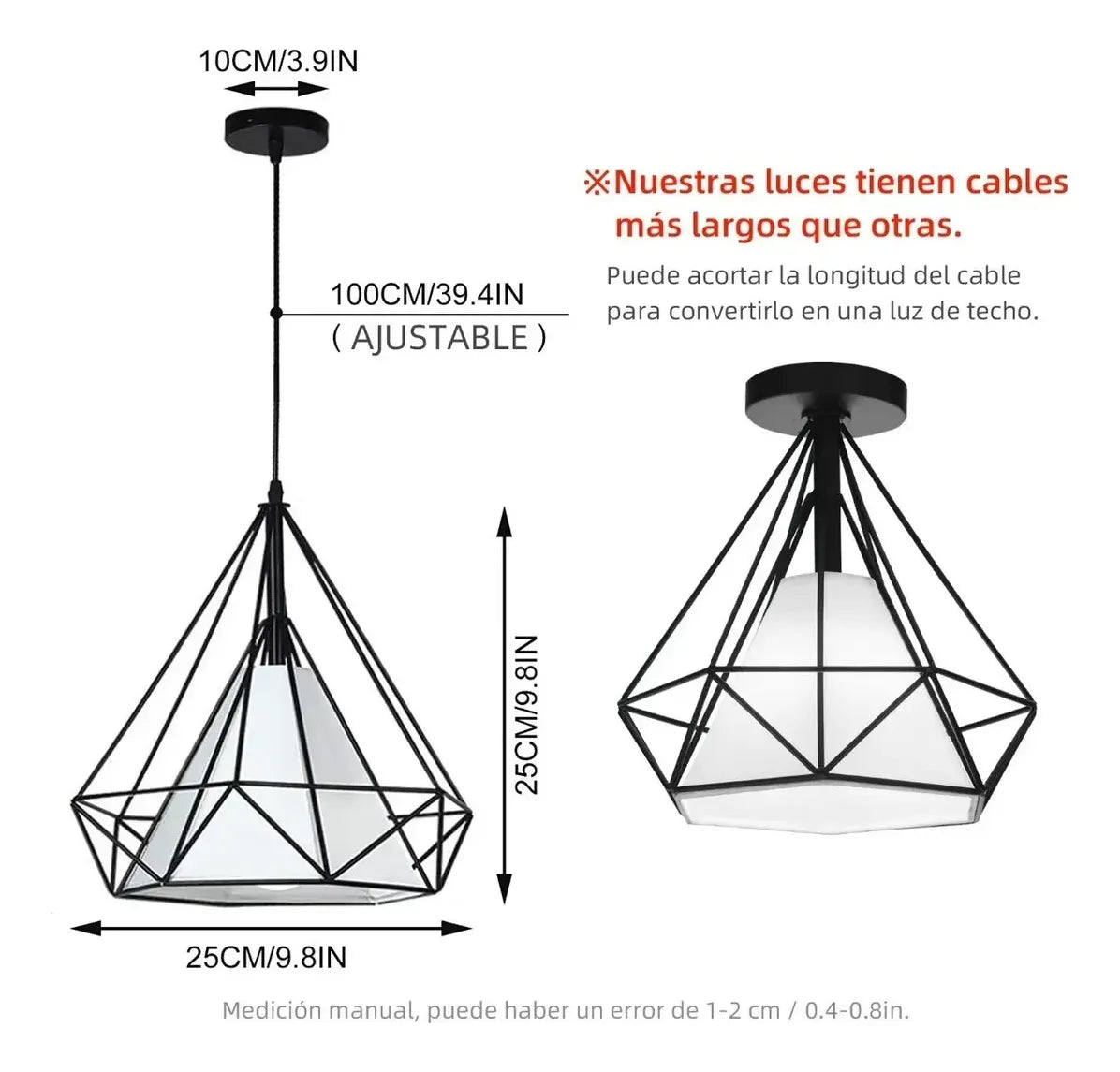 Lámpara colgante geométrica negra con cable ajustable y medidas ilustradas