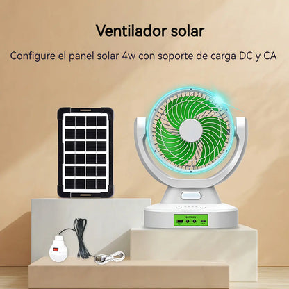 Ventilador Solar Portátil 2 en 1 con Lámpara LED y Panel 6V para Camping, Hogar y Emergencias