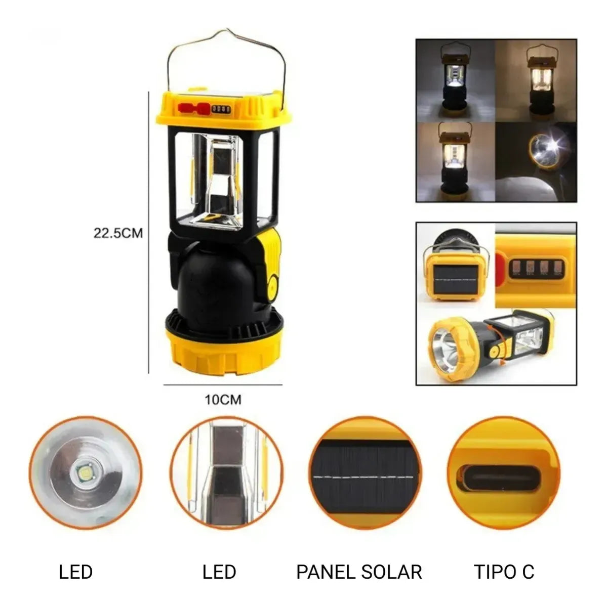 Linterna Farol LED Recargable 2 en 1 USB-C 480 lm con Panel Solar