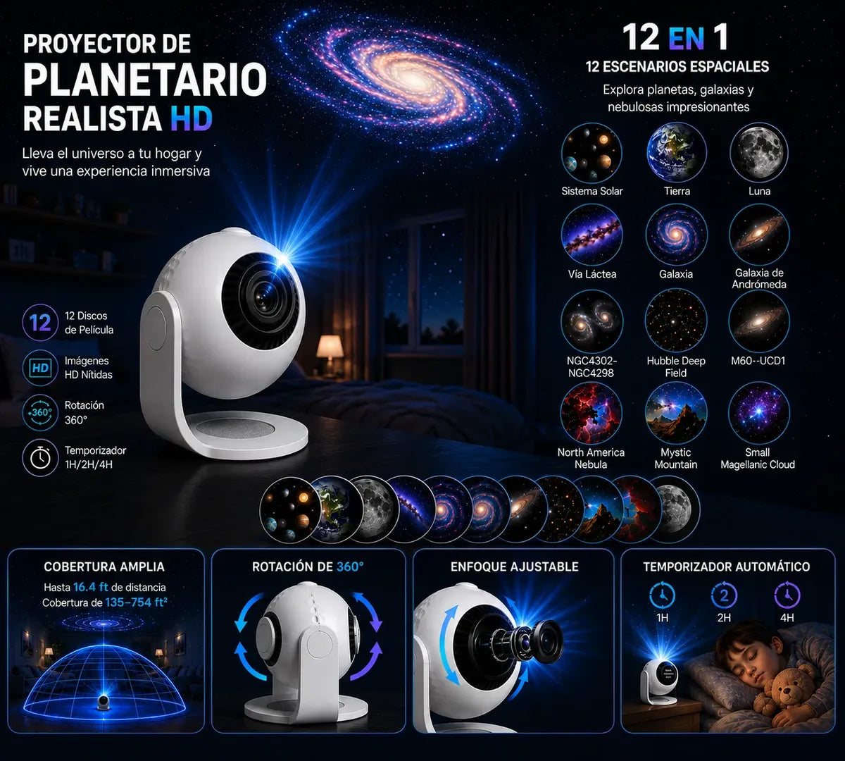 Proyector Galaxia Estrellas Led Hd 12 Discos Rotación 360°